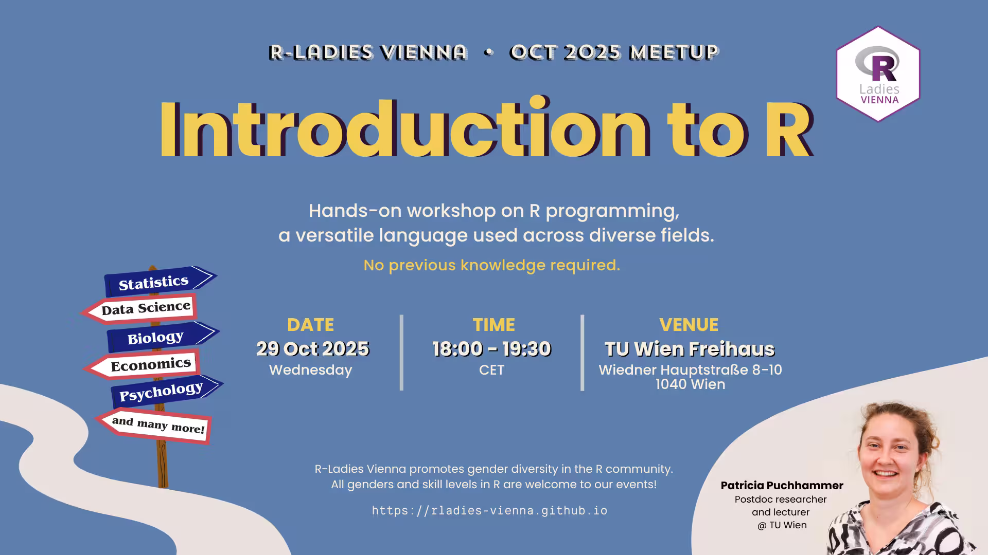 Flyer for the R-Ladies Vienna October 2025 event. All information described is availablein the main text below.