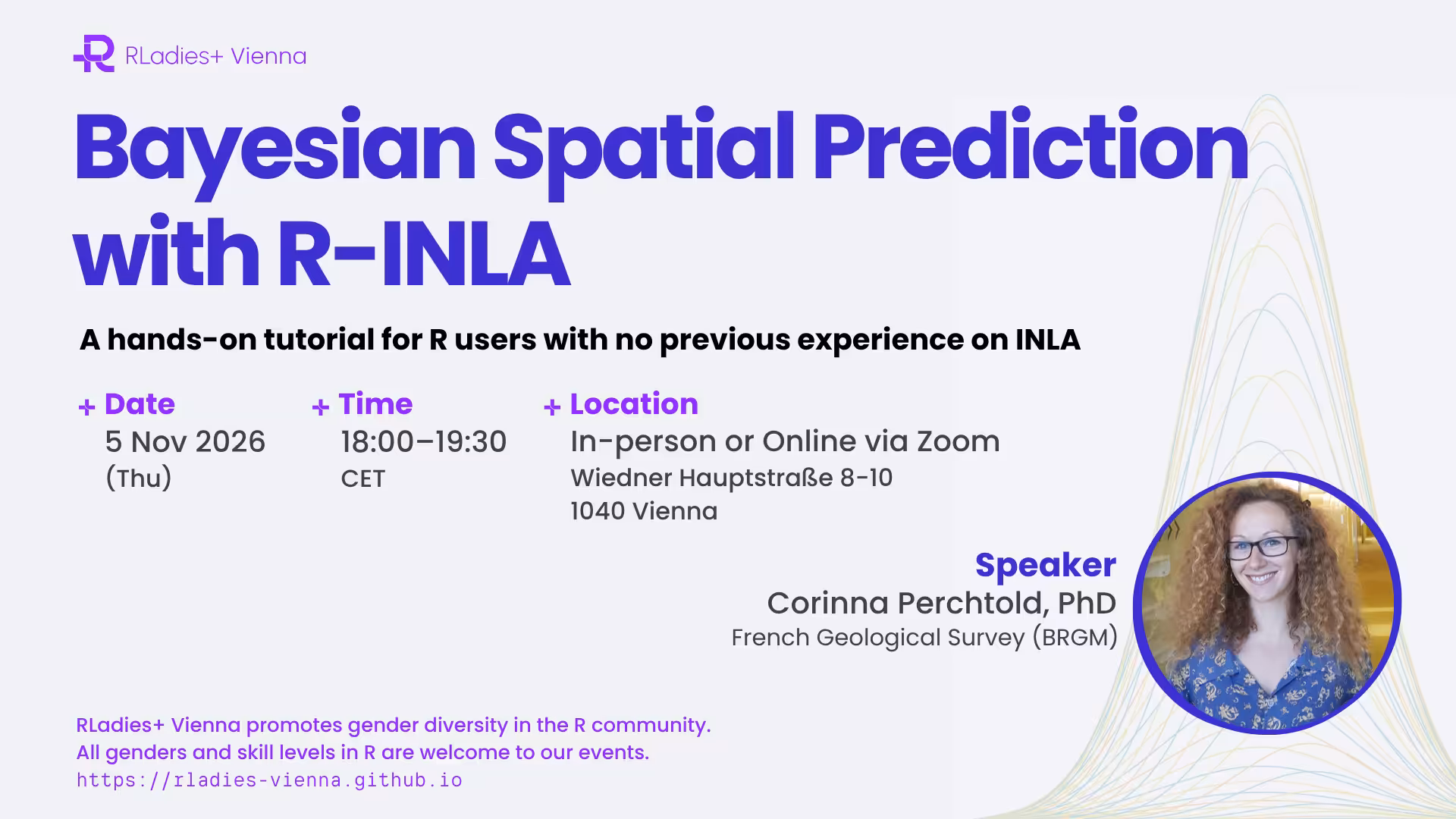 Flyer for the RLadies+ Vienna November 2026 event. All information described is availablein the main text below.